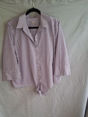 Chico's Purple and White Striped Tie-Hem Button Down